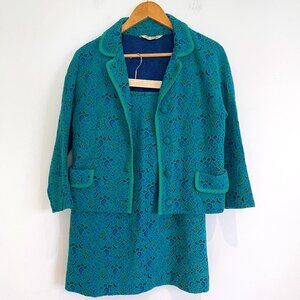 Vintage Tricosa Green Blue Brocade 3 Piece Suit Pure Virgin Wool Size 12/34